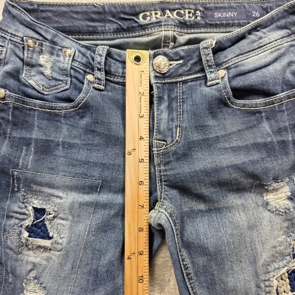 Grace in LA Jeans Women's 26 Blue Skinny Distressed Patched Distressed Hem - Picture 9 of 11
